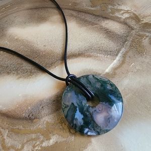 Green Moss Agate Circle Disc Natural Gemstone Necklace